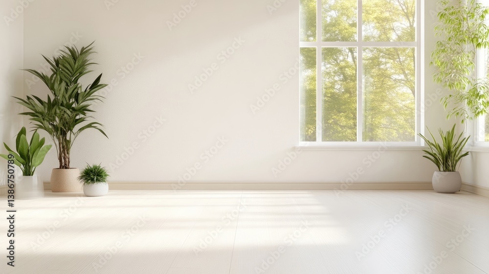 Fototapeta premium A bright room features potted plants, a large window showing sunlight, and off-white walls. The composition is minimalist, with plants arranged near a corner. The image has high quality and natural