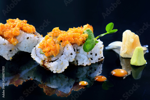 This image showcases a beautifully presented plate of sushi, likely a spicy roll variety. The sushi rolls are made with white rice on the outside, speckled with sesame seeds, and topped with a vibrant