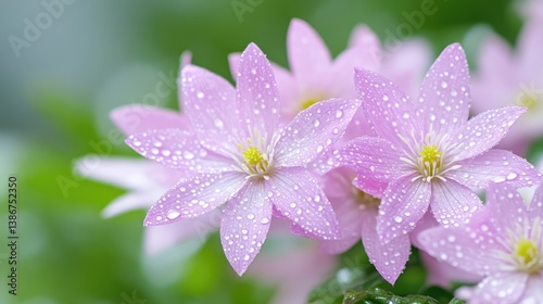 Pink Clematis Flowers Dew Drops Soft Focus Macro Photography Close-up View Gentle Petals Natures Beauty Soft Pastel Tones Ideal for Springtime Cards