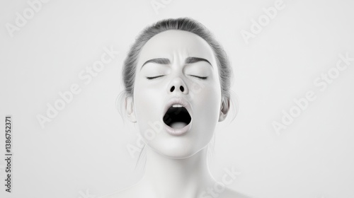 A monochrome close-up shows a woman with her eyes closed and mouth open in a yawn. The image is simple, featuring only the woman against a plain white background. Its high-quality, with sharp details