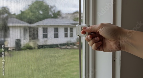 Hand Opens Window Screen, Suburban Backyard View AI Generated