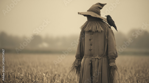scarecrow in an empty cornfield under full moon, tattered clothes flapping in the wind