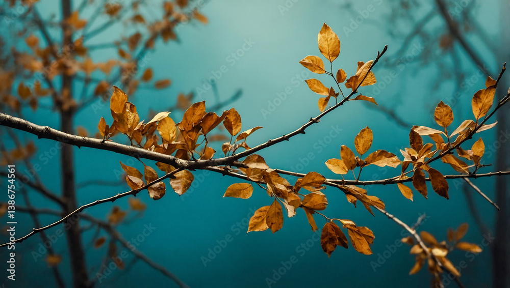 Gold and teal branch art print with autumn hues. Gold and teal branch art print with autumn hues.
