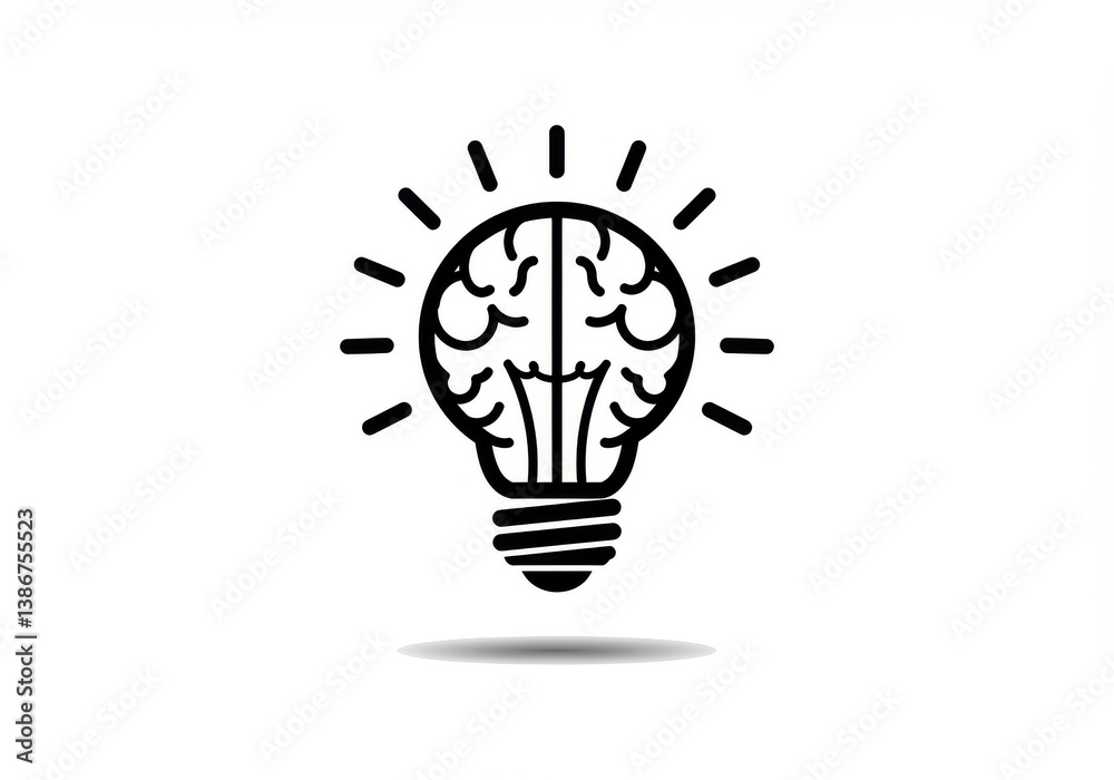 A lightbulb with a brain inside and radiating light in a simple black and white illustration A lightbulb with a brain inside and radiating light in a simple black and white illustration