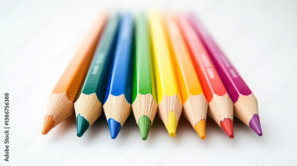 Vibrant Colored Pencils Arranged in a Row on a White Surface for Artistic Inspiration and Creative Expression in Art Projects and Crafting Activities.