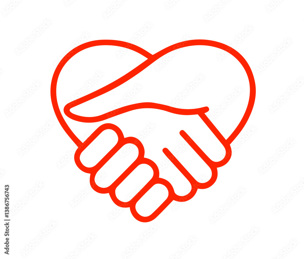 Red Line Forming the Outline of a Heart with Two Hands Shaking Inside, Symbolizing Friendship, Support, and Cooperation. Red Line Forming the Outline of a Heart with Two Hands Shaking Inside, Symbolizing Friendship, Support, and Cooperation.