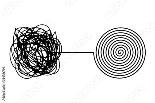 Two Figures Connected by a Line, One Side Representing a Chaotic Tangle of Lines and the Other a Neat Spiral, Organizing Thoughts or Ideas. Mental Clarity