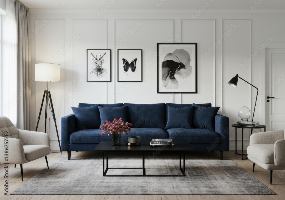 Fototapeta premium A living room featuring a blue sofa, artwork, and neutral armchairs in a well decorated space
