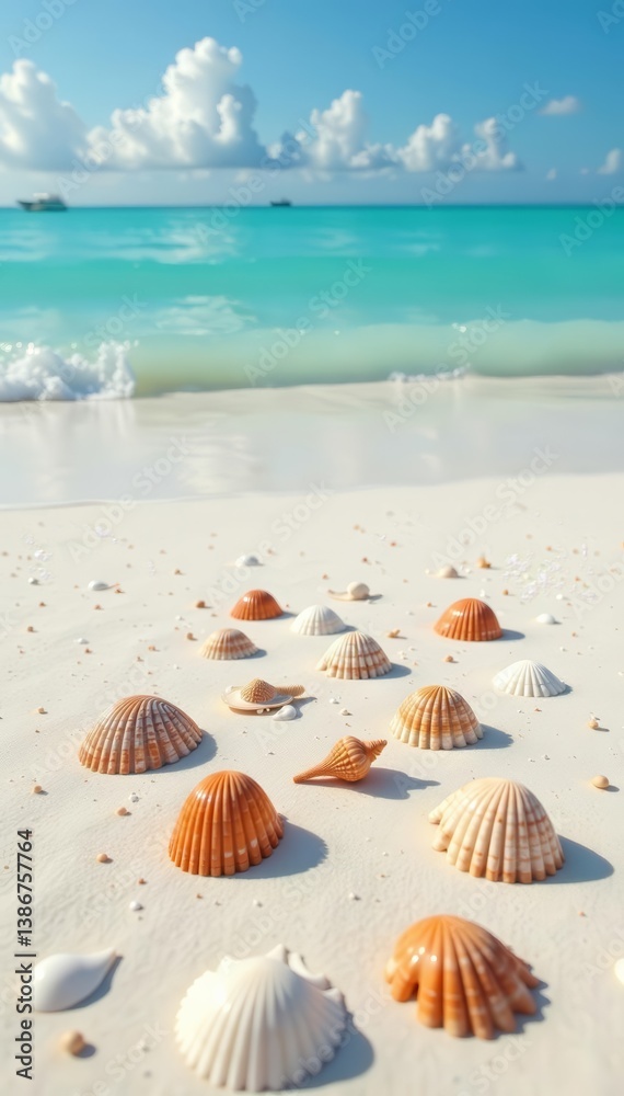Seashells scattered on pristine white sand on a beautiful remote island, remote island, tropical Seashells scattered on pristine white sand on a beautiful remote island, remote island, tropical
