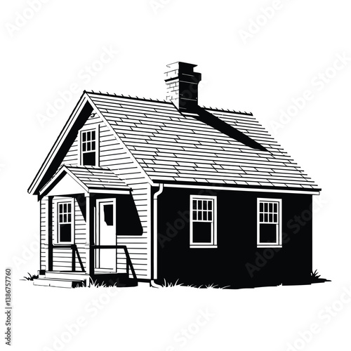 Cape Cod Cottage Silhouette, Vector, Icon, Logo, White Background.