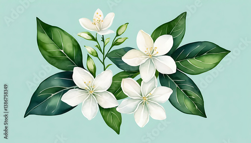 Watercolor Jasmine Flowers Arrangement with Green Leaves on Light Background