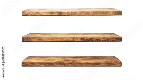 Three empty wooden floating shelves isolated on transparent background