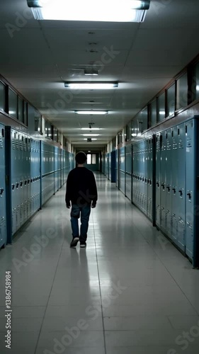 Adolescent boy walking alone through empty school hallway reflecting isolation