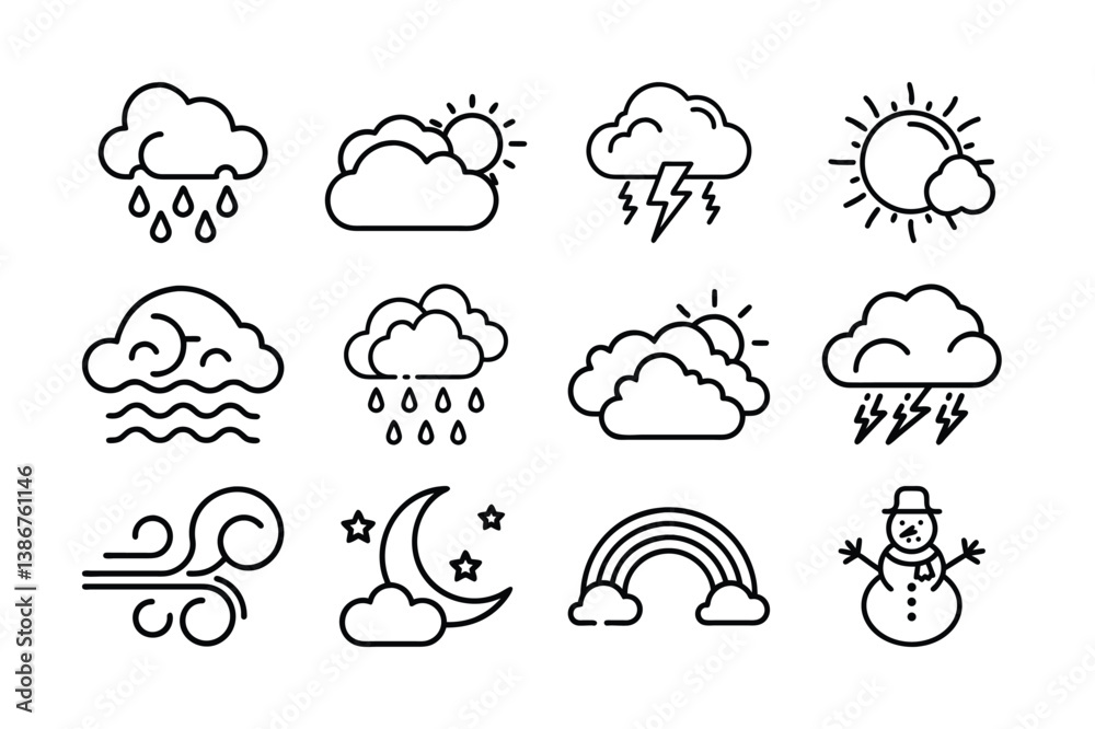 Obraz premium Simple Line Art Icons Representing Various Weather Conditions
