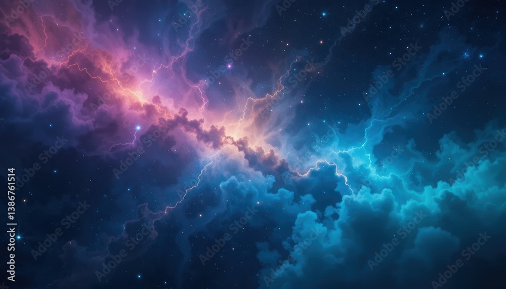 Naklejka premium Nebula Dreamscape: Ethereal Clouds with Pink, Blue, and Starry Highlights.