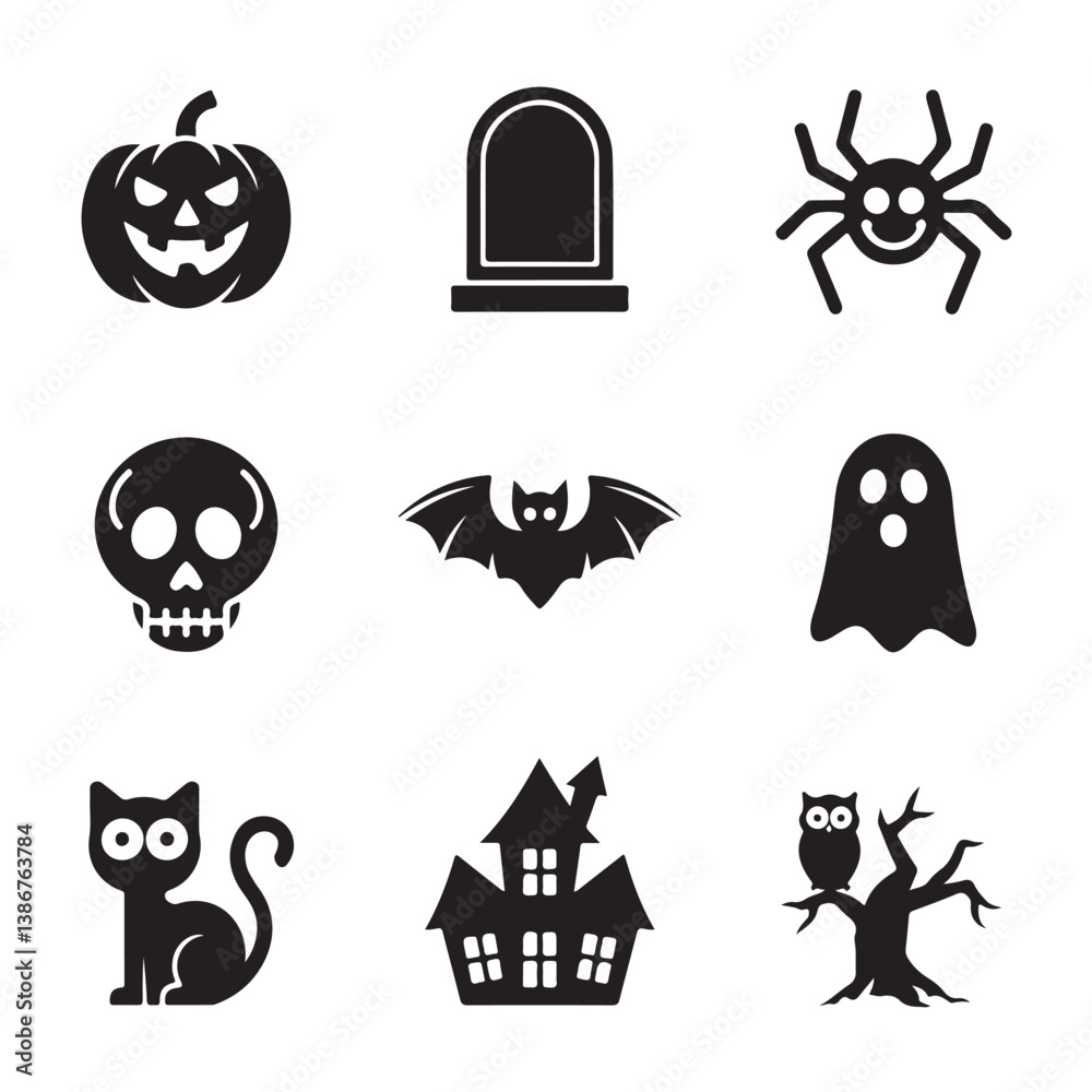 Obraz premium Halloween Icons Set in Simple Black Silhouette Style