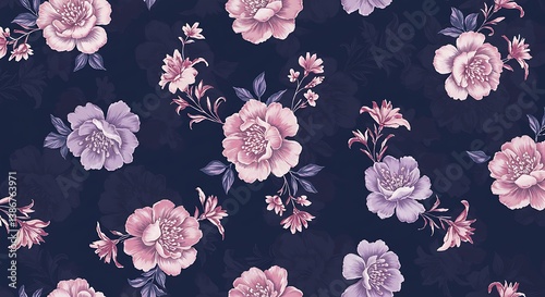 Midnight Bloom: Delicate Pink and Lavender Floral Pattern on Deep Navy Background AI Generated