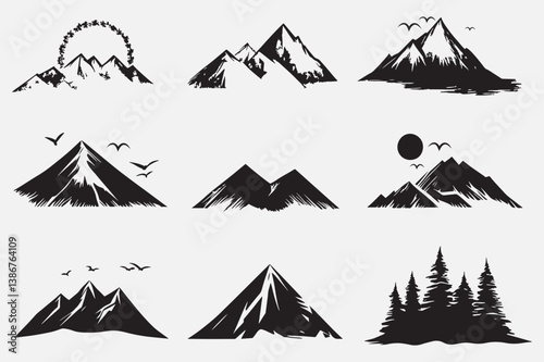 minimal mountain silhouette vector icons and logo design elements on white background