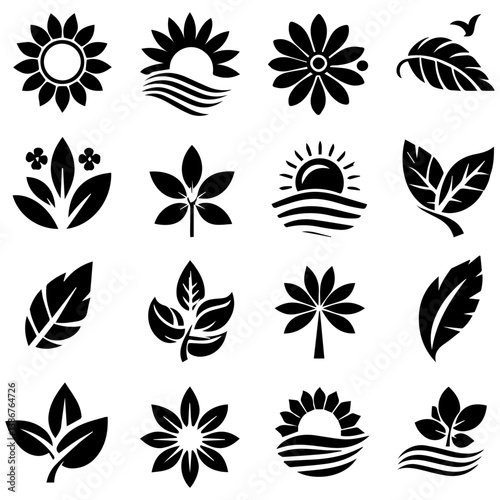 set of black and white summer foliage inspired verdant creations in tranquil leafy artistry