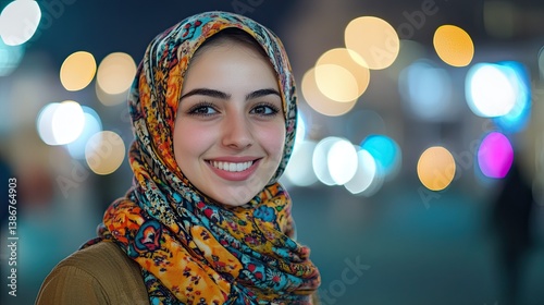 Young Woman with Colorful Scarf: A young woman smiling against blurred city lights