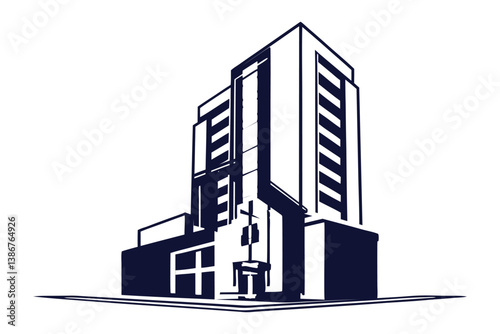 Modern Hospital Building Monochromatic Illustration