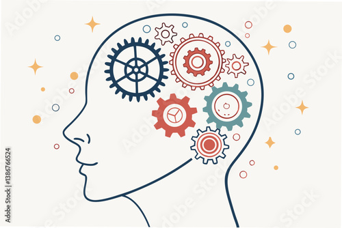 Profile of a human head with abstract gears and symbols inside, conceptual creativity vector, fine lines and soft color pop on white