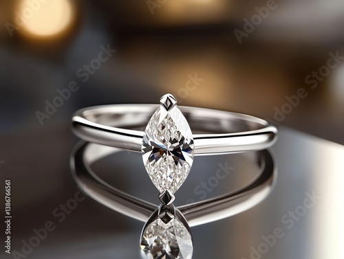 Bezelset marquise diamond ring displayed on a reflective crystal surface
