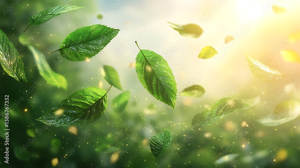 Flying Leaves Sunny Forest Scene