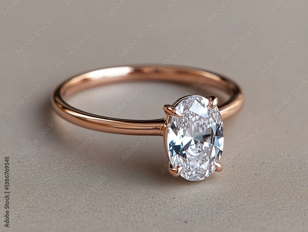 Oval solitaire ring with a minimalist band hovering in a soft pink mist