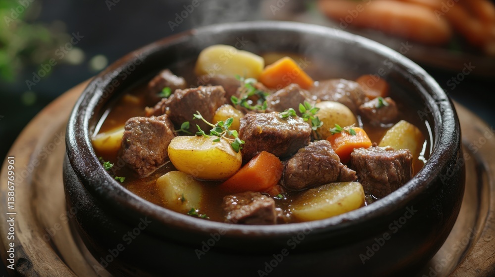 A steaming bowl of beef stew with tender chunks of meat, A steaming bowl of beef stew with tender chunks of meat,