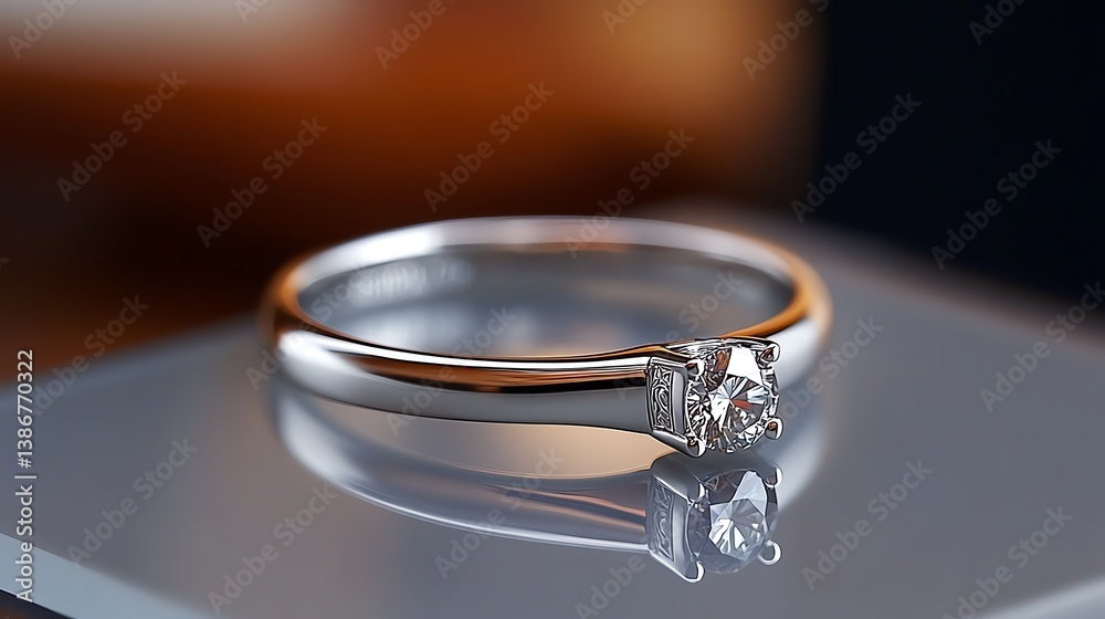 Platinum solitaire ring with engraved band resting on a frosted glass surface