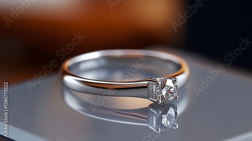 Obraz na płótnie Platinum solitaire ring with engraved band resting on a frosted glass surface w salonie