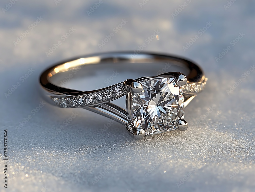 Princesscut diamond ring with a twisted band on a snowy surface