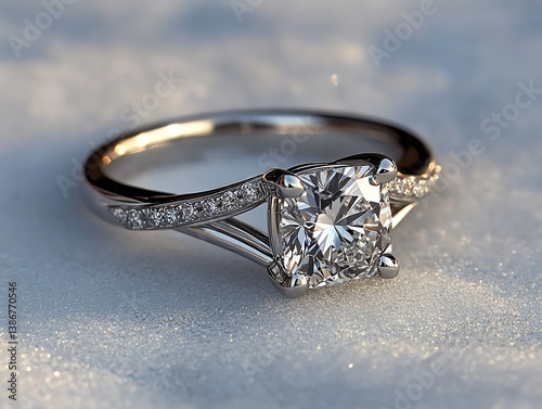 Obraz na płótnie Princesscut diamond ring with a twisted band on a snowy surface w salonie