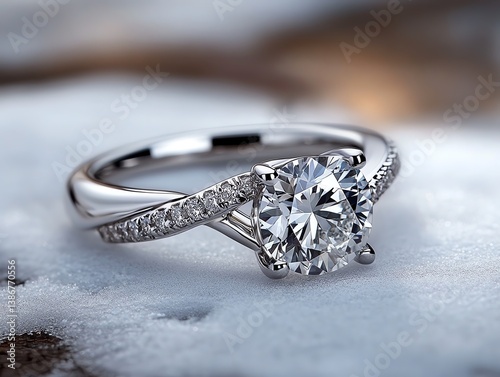 Princesscut diamond ring with a twisted band on a snowy surface