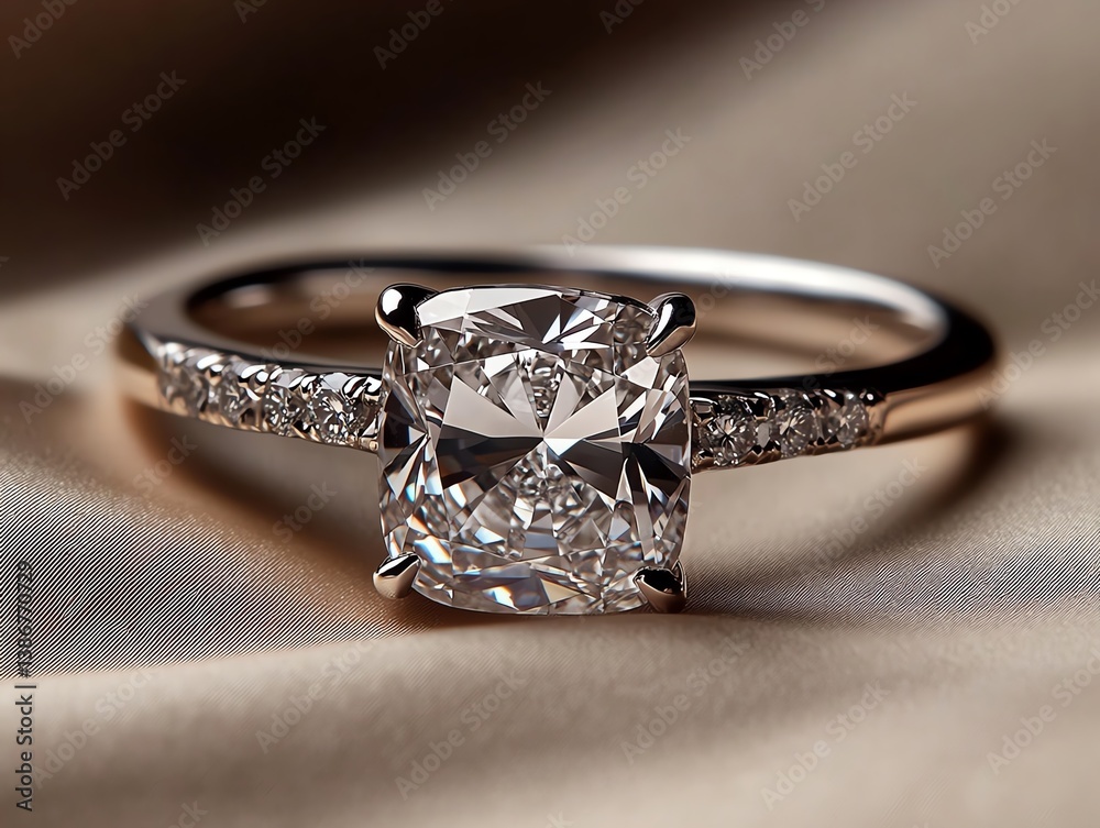 Radiantcut diamond with a scalloped band resting on soft silk