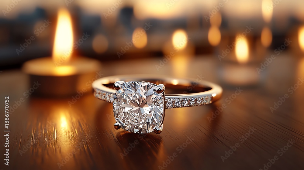 Radiantcut diamond with pave band resting in a soft candlelit ambiance