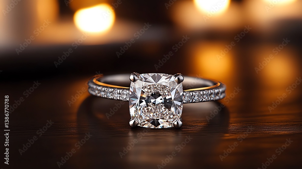 Radiantcut diamond with pave band resting in a soft candlelit ambiance