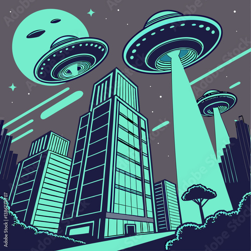 Flying saucers hover in formation above a glowing futuristic alien cityscape under a surreal sky.