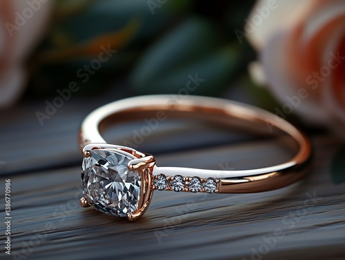 Obraz na płótnie Rose gold cushioncut ring on a bed of blooming roses w salonie