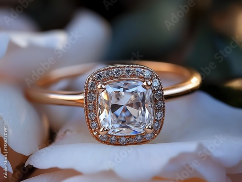 Rose gold cushioncut ring on a bed of blooming roses