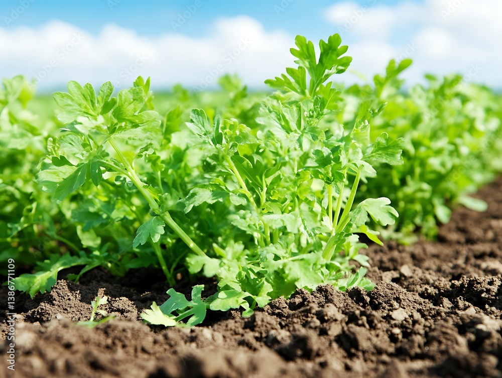 Fresh green plants growing in a field under a blue sky Fresh green plants growing in a field under a blue sky