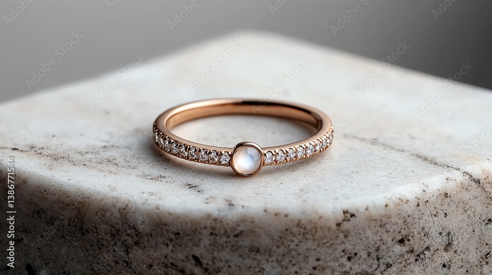 Rose gold ring with moonstone and pave band displayed on a marble slab