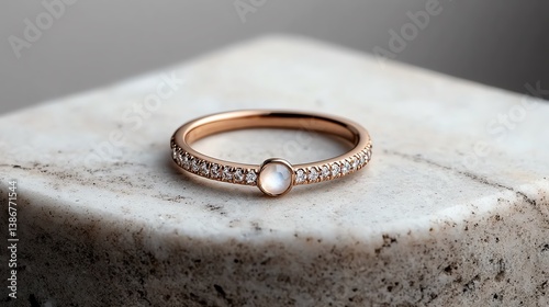 Obraz na płótnie Rose gold ring with moonstone and pave band displayed on a marble slab w salonie