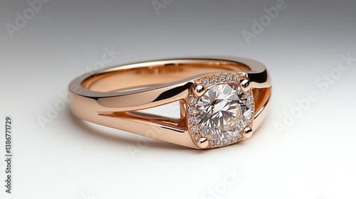 Rose gold split shank ring with pave details and a brilliant diamond centerpiece