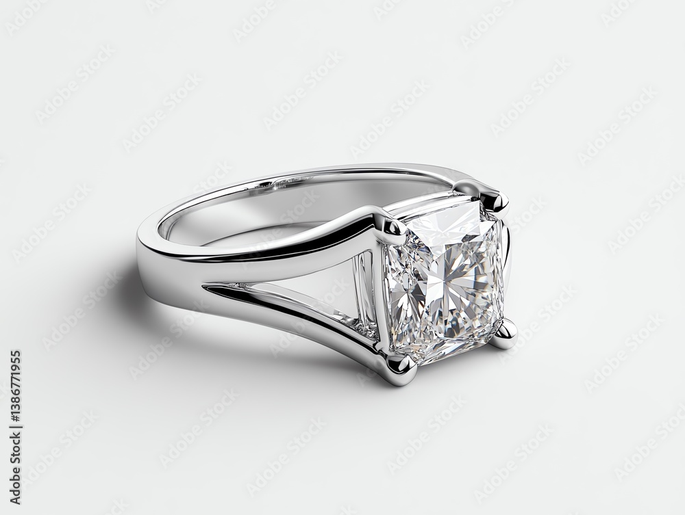 Split shank ring with a radiant diamond displayed under a glass dome