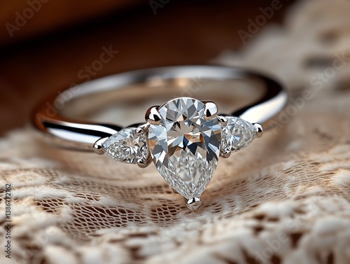 Threestone ring with a pearshaped diamond centerpiece on a vintage lace cloth