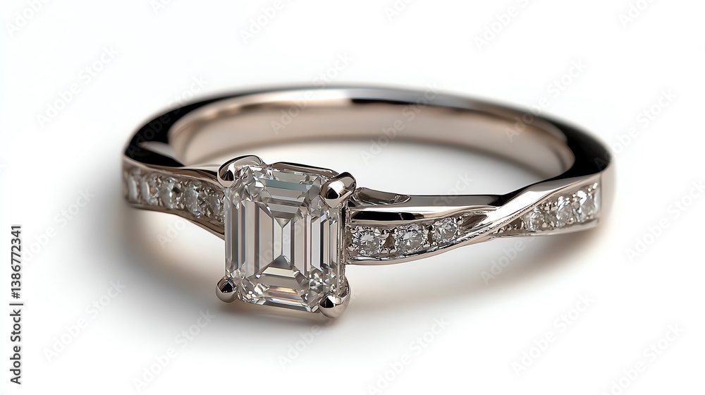 Twisted platinum band with an emeraldcut diamond centerpiece