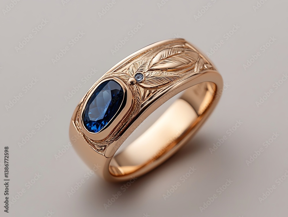 Twotone gold ring with a sapphire center stone and intricate detailing