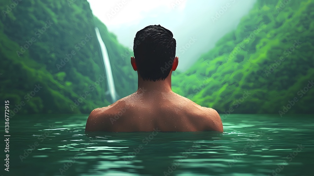A man relaxing in a hidden pool beneath a majestic waterfall